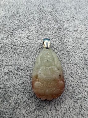 Carved Serpentine “New Jade” Buddha Pendant in White and Peach - Elegant Jewelry